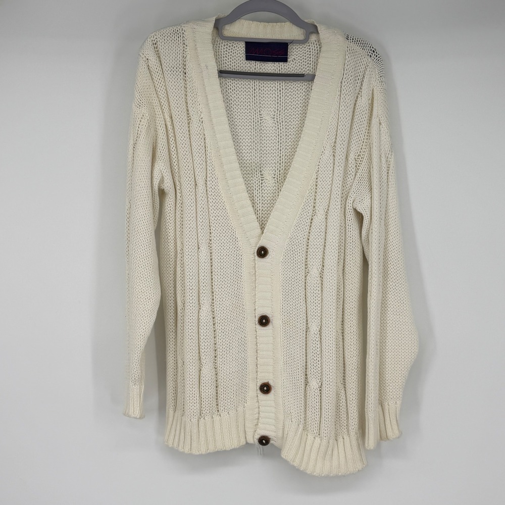 Vintage Cream Cable Knit Cardigan Sweater Mens Button Up‎ Ivory Chunky Knit